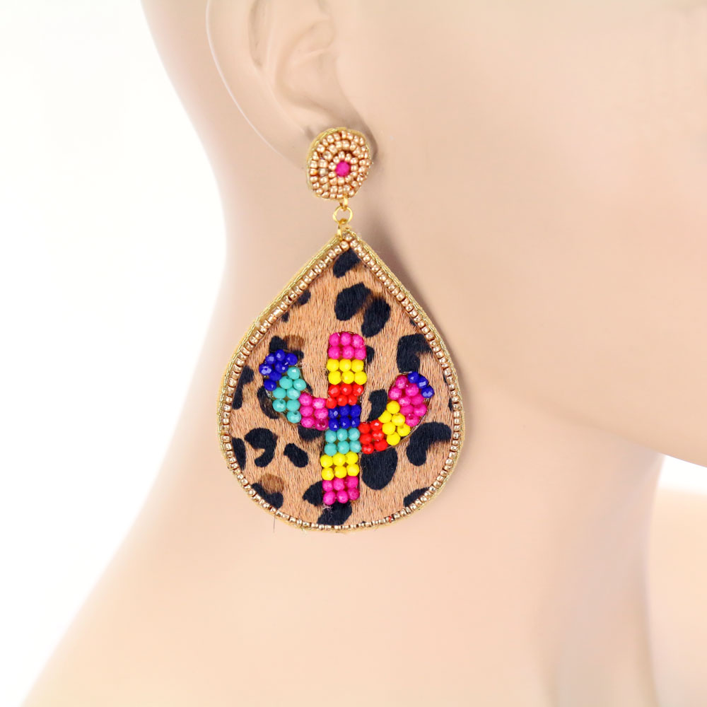Leopard Leather Cactus Stud Earrings - Image 2