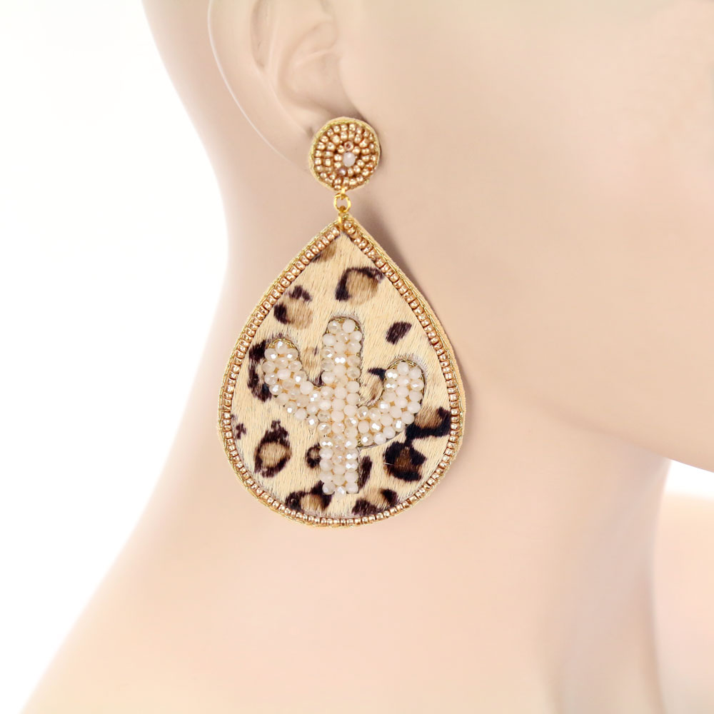 Leopard Leather Cactus Stud Earrings - Image 2