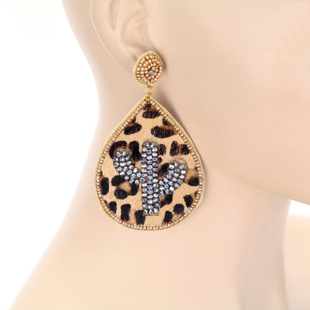 Leopard Leather Cactus Stud Earrings - Image 2
