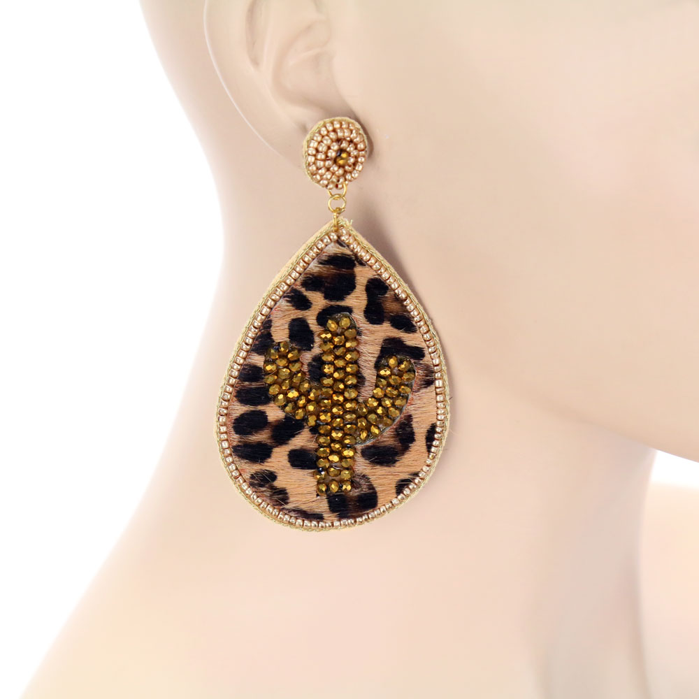 Leopard Leather Cactus Stud Earrings - Image 2