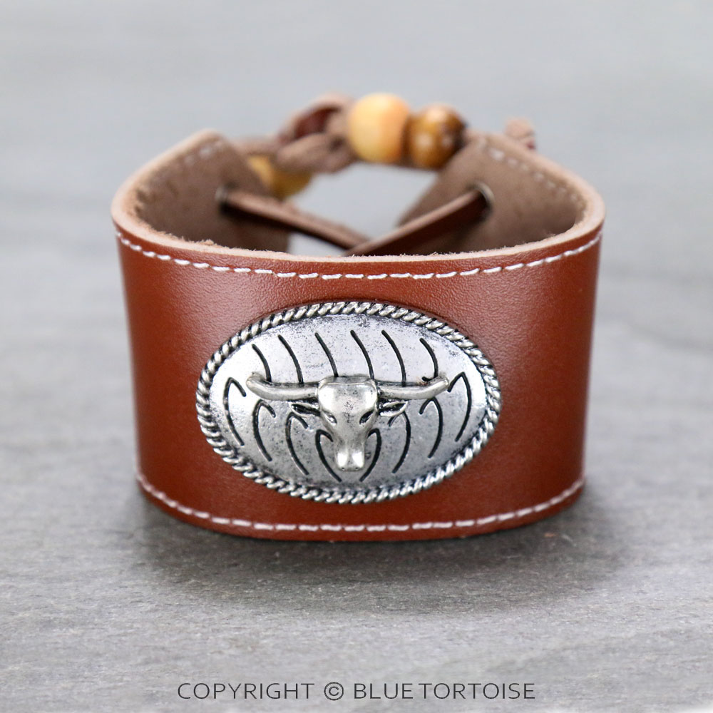 Western Leather Steer Head Pull Tie Bracelet
