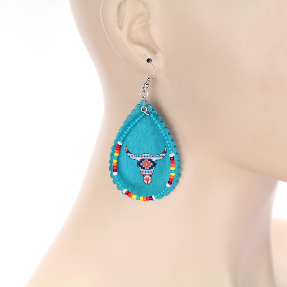 Western Wood & Seed Bead Long Horn Teardrop Dangle Earrings - Image 2