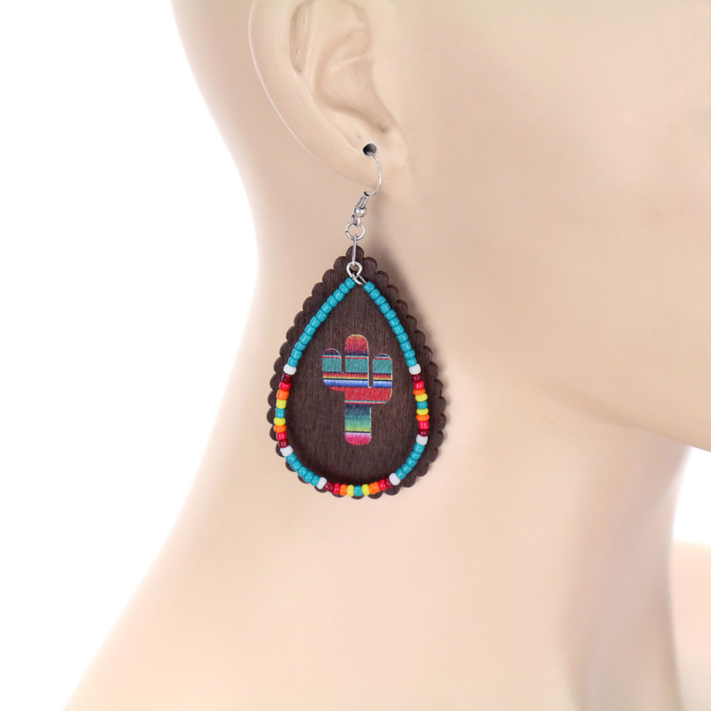 Western Wood & Seed Bead Cactus Teardrop Dangle Earrings - Image 2