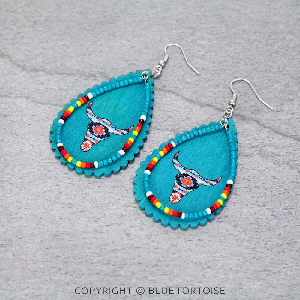 Western Wood & Seed Bead Long Horn Teardrop Dangle Earrings