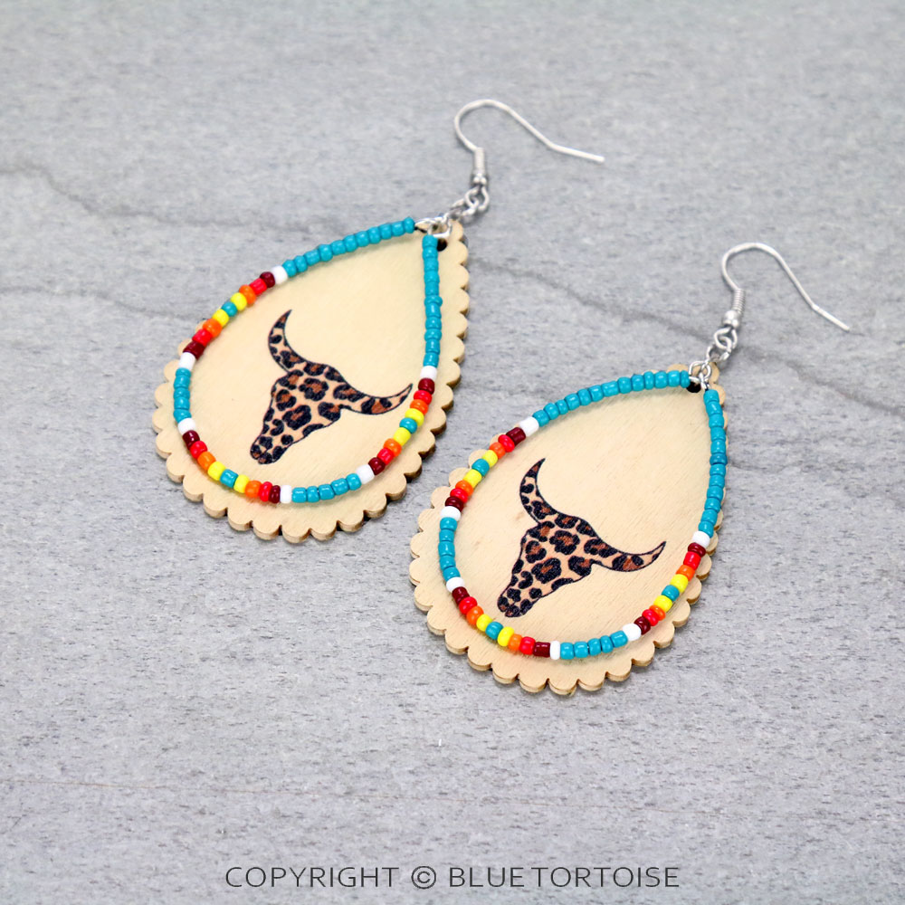 Western Wood & Seed Bead Long Horn Teardrop Dangle Earrings