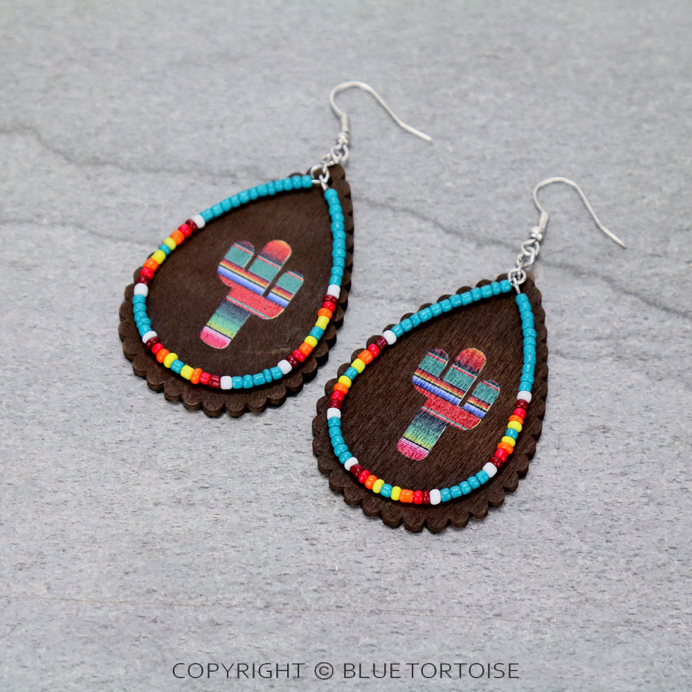 Western Wood & Seed Bead Cactus Teardrop Dangle Earrings