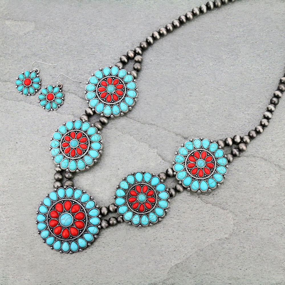 Western Navajo Style Pearl Squash Blossom Necklace Set
