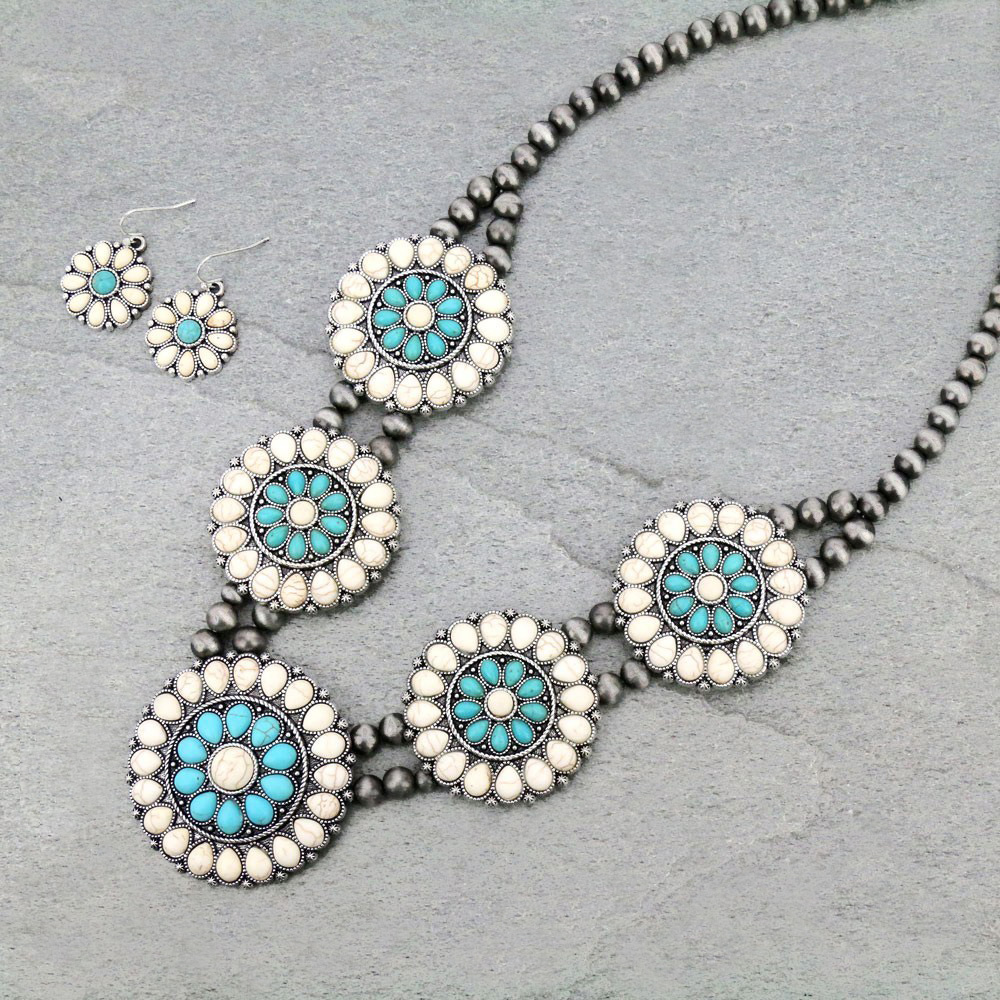 Western Navajo Style Pearl Squash Blossom Necklace Set
