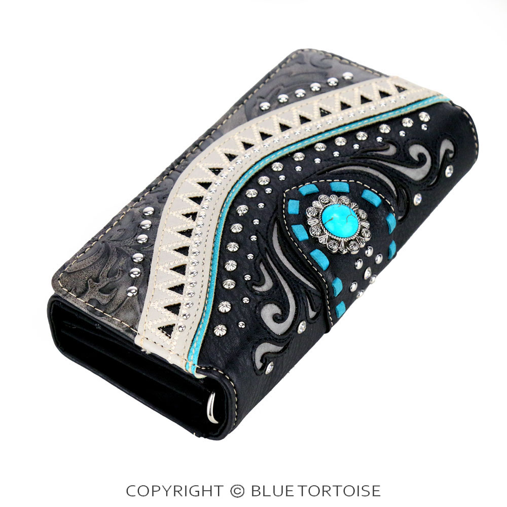 Western Tooled Faux Leather with Turquoise Accent Wallet - Image 3