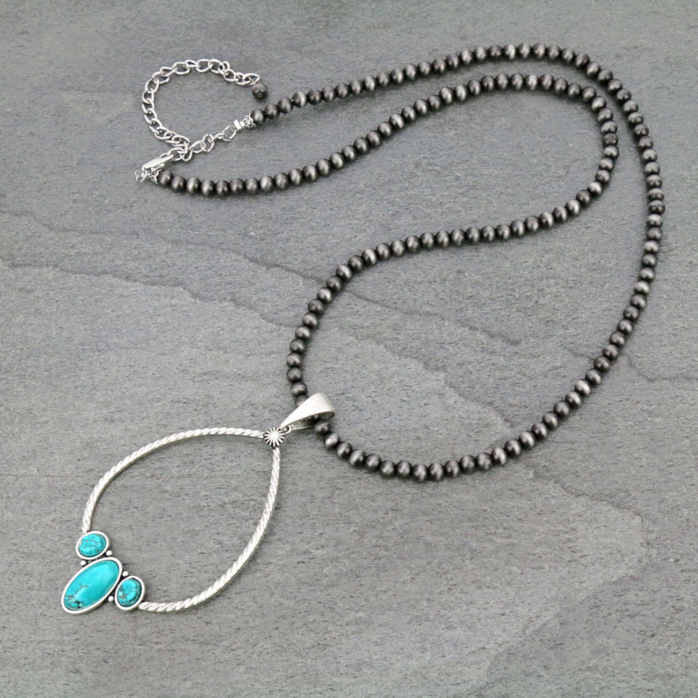 30" Long, 6mm Navajo Style Pearl Necklace, Big! Natural Stone Pendant