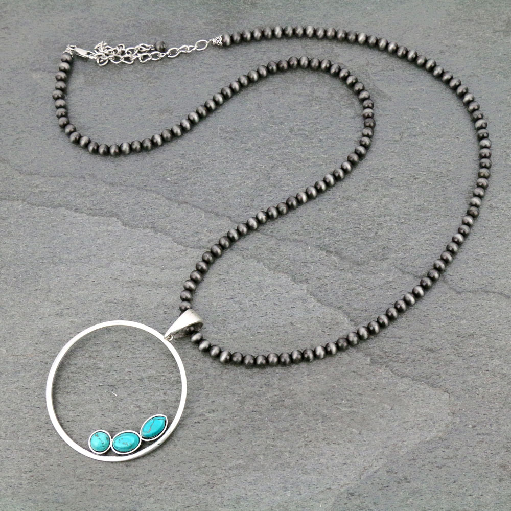 30" Long, 6mm Navajo Style Pearl Necklace, Big! Natural Stone Pendant