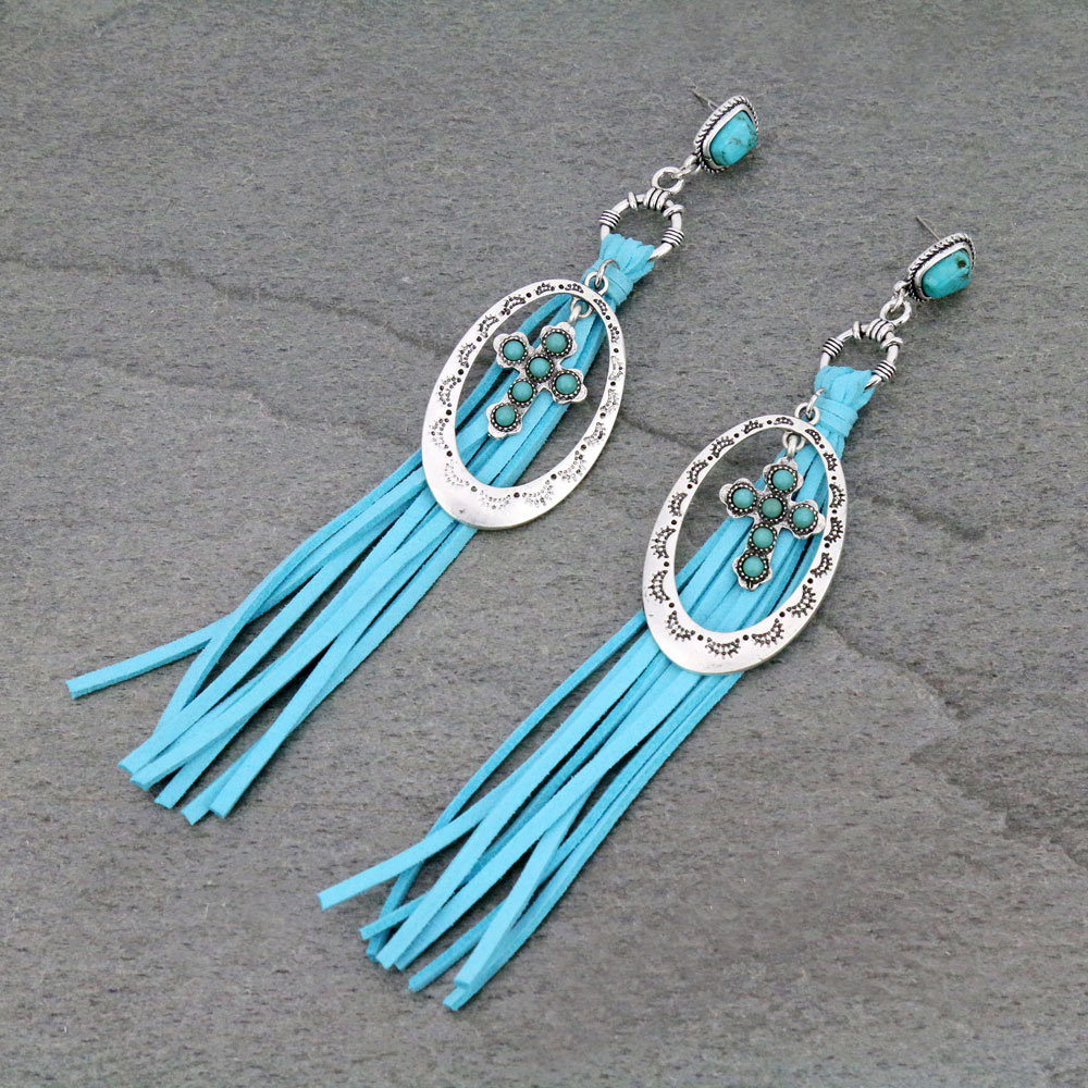 Long! Natural Stone Post, Cross & Suede Earrings