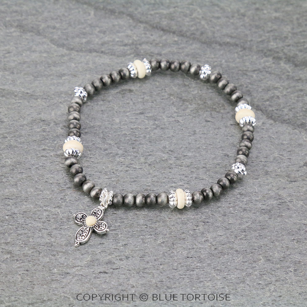Cross Charm with Navajo Style Bead Stretch Bracelet