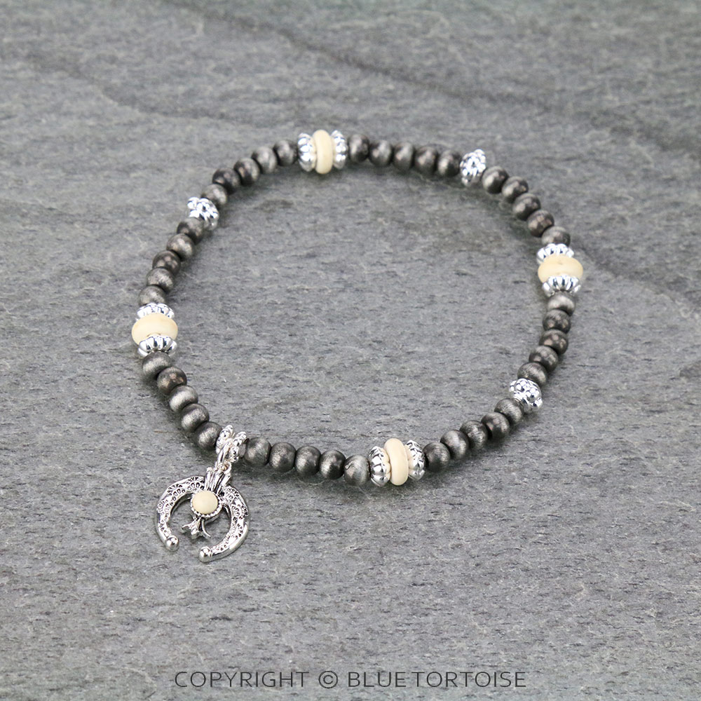 Squash Blossom Charm with Navajo Style Bead Stretch Bracelet