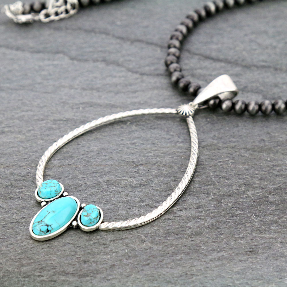 30" Long, 6mm Navajo Style Pearl Necklace, Big! Natural Stone Pendant - Image 3