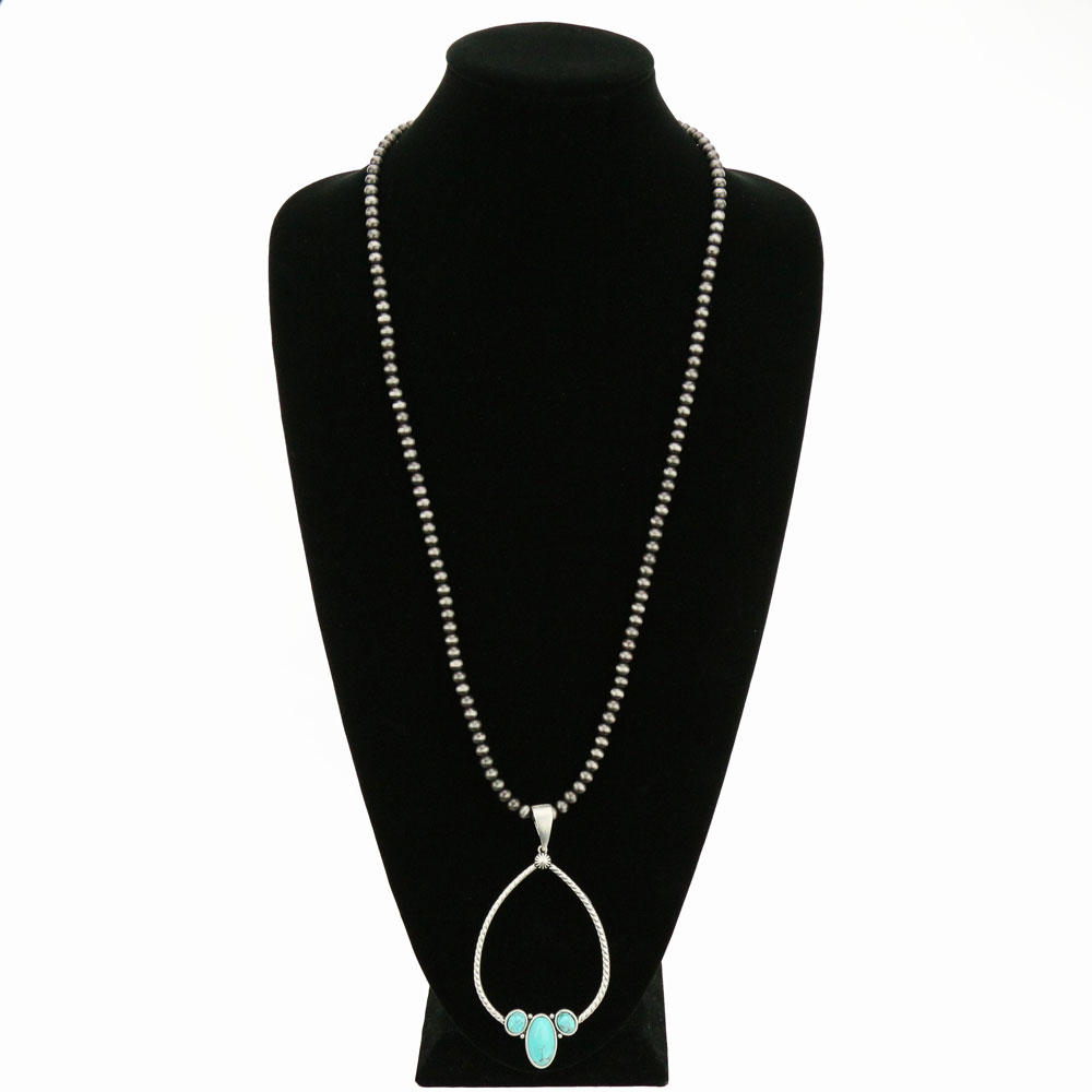 30" Long, 6mm Navajo Style Pearl Necklace, Big! Natural Stone Pendant - Image 2
