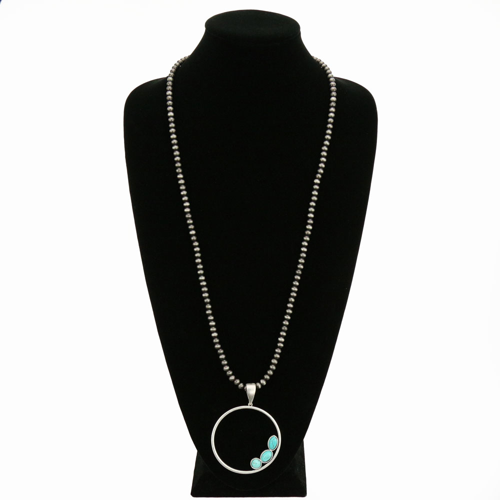 30" Long, 6mm Navajo Style Pearl Necklace, Big! Natural Stone Pendant - Image 2
