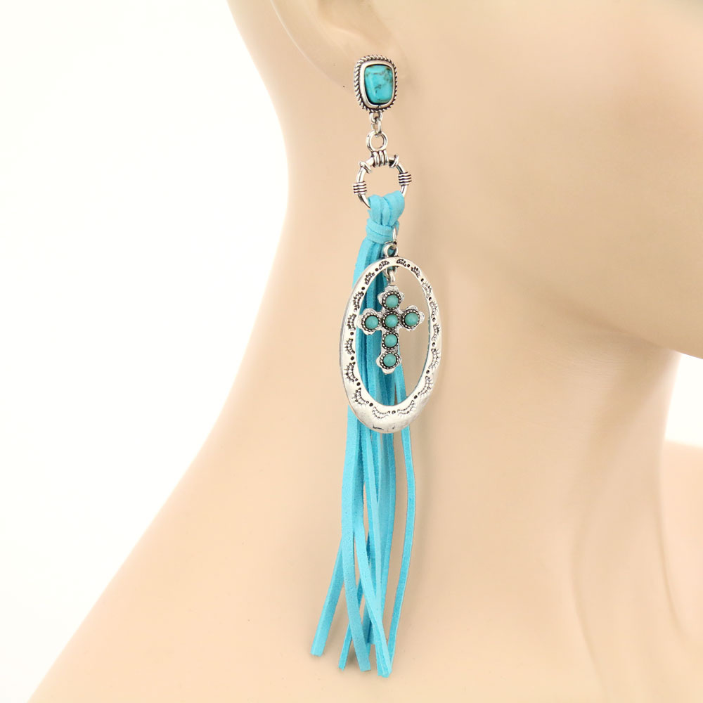Long! Natural Stone Post, Cross & Suede Earrings - Image 2