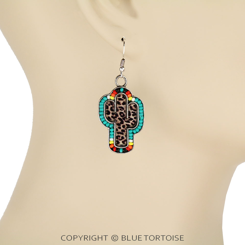 Leopard Cactus with Seed Bead Dangle Earrings - Image 2