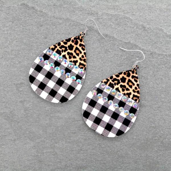 Leopard with Plaid Teardrop Fish Hook Earrings