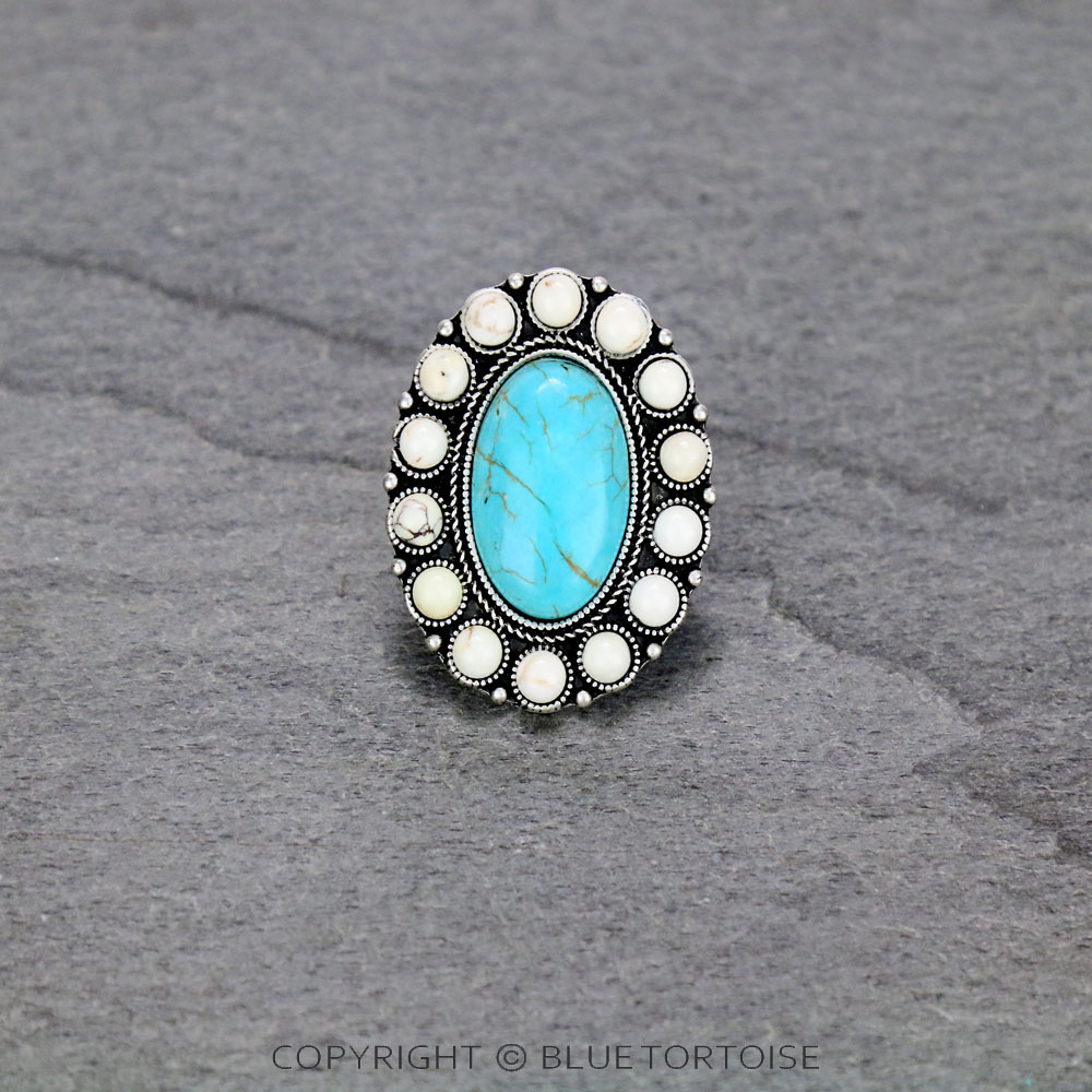 Very Big Natural Stone Adjustable Ring with Double Band