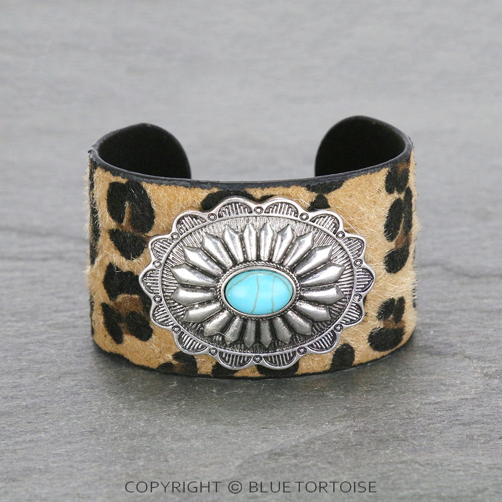 Western Concho Stone with Fur Cuff Bracelet