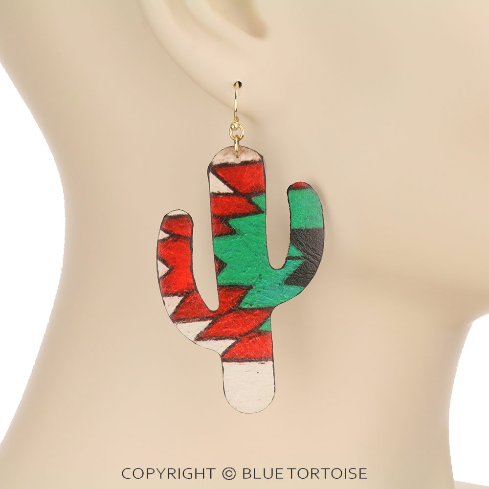 Aztec Printed Cactus Leather Dangle Earrings - Image 2