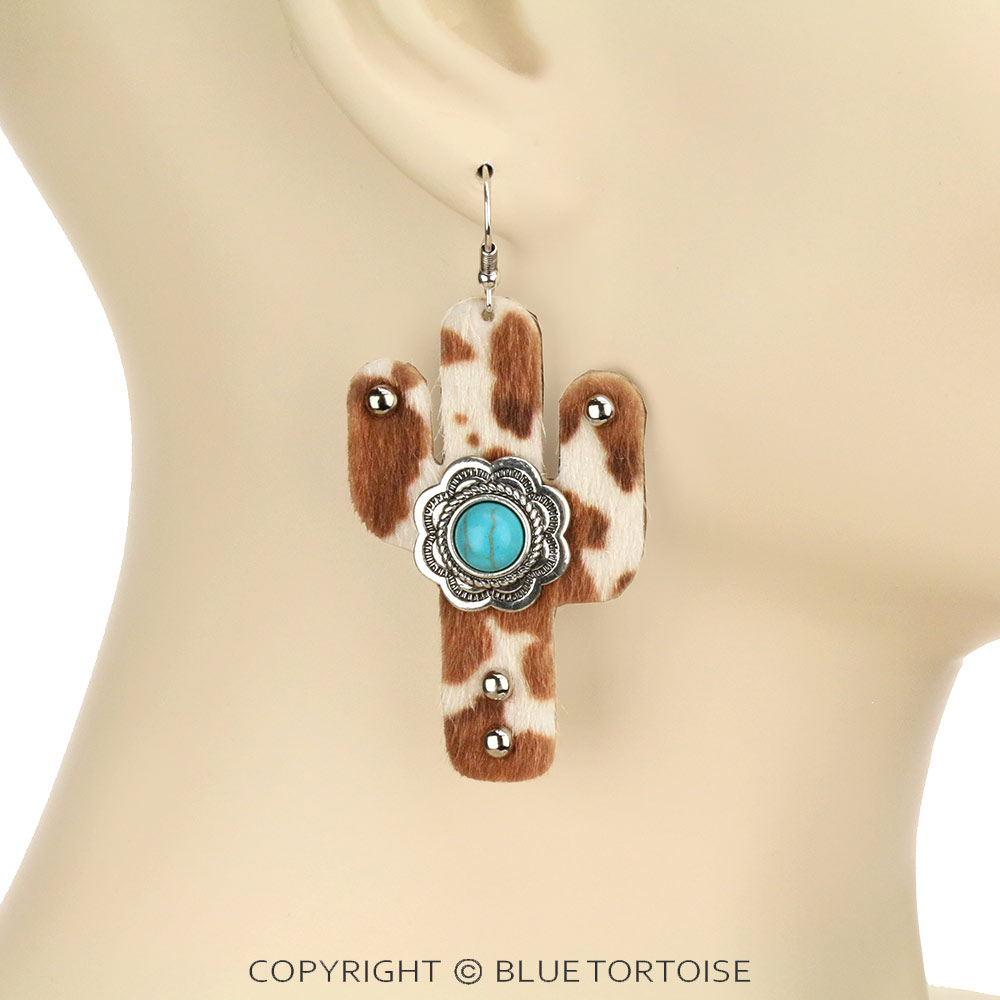 Western Cactus Cow Leather Dangle Earrings - Image 2