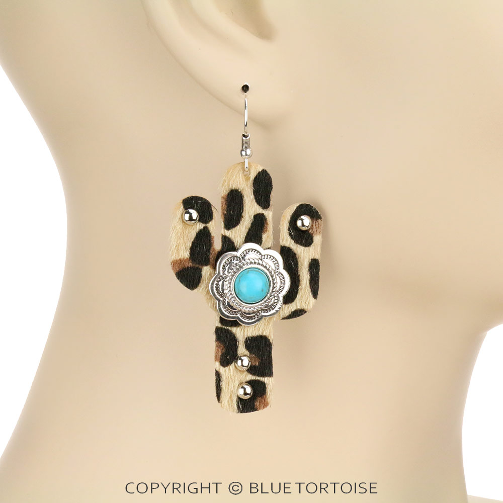 Western Cactus Leopard Leather Dangle Earrings - Image 2