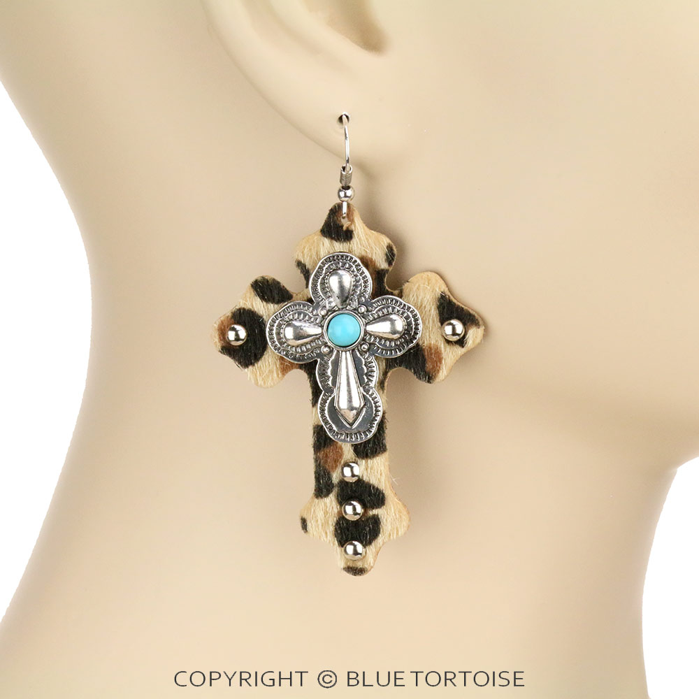 Western Cross Leopard Leather Dangle Earrings - Image 2