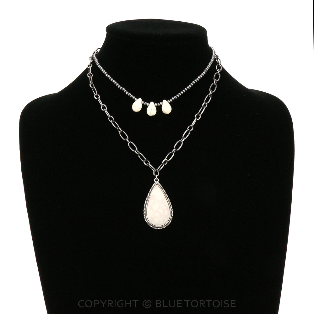 Multi Layered with Teardrop Stone Pendant Necklace - Image 2