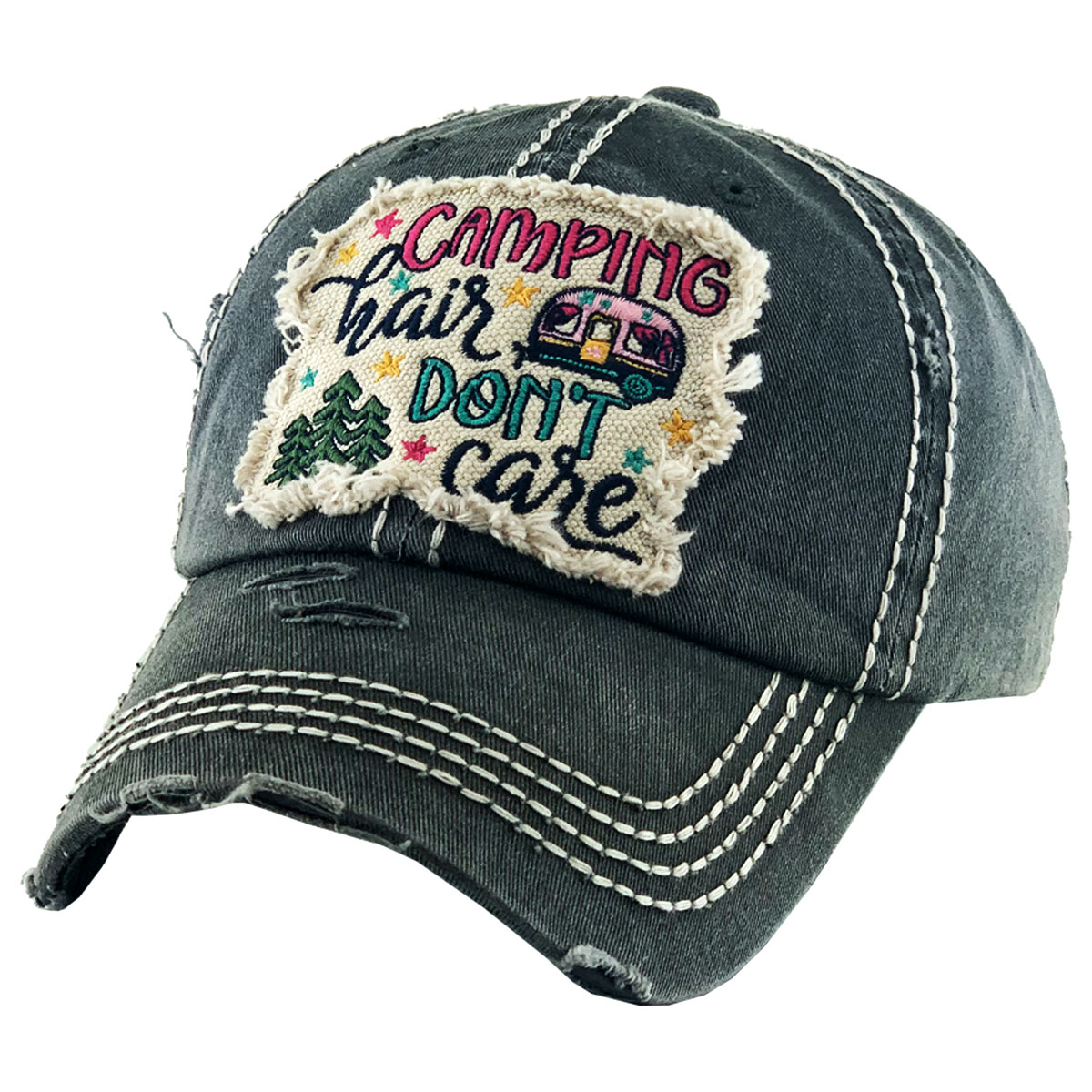 "Camping Hair Don't Care" Washed Vintage Ball Cap - Image 2