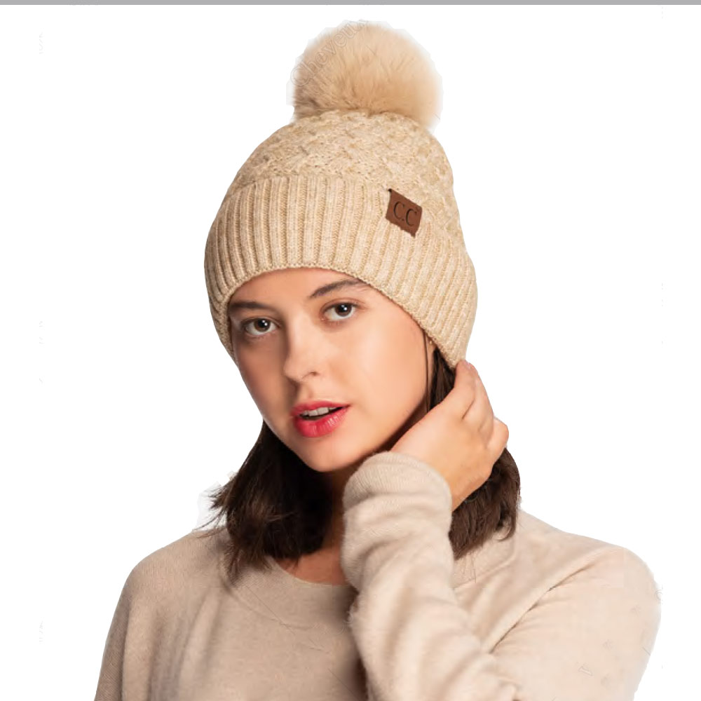 C.C Woven Cable Stitch Cuff Beanie with Soft Color Fur Pom - Image 2