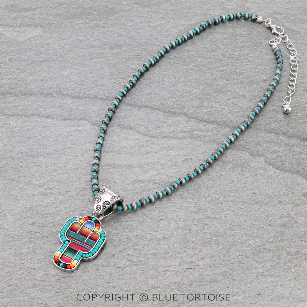 Serape Cactus with Seed Bead Pendant Necklace