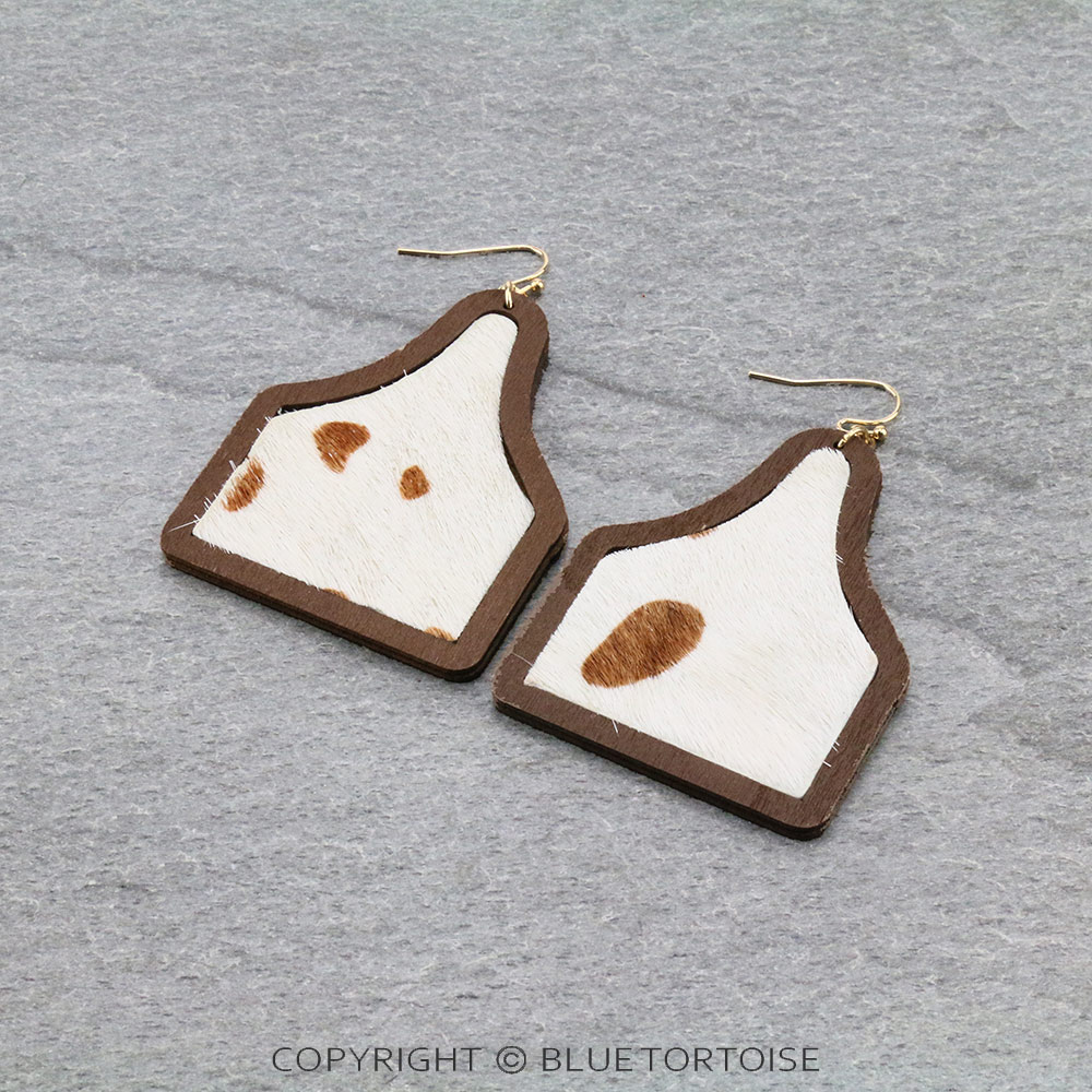 Genuine Leather Wood Cattle Tag Dangle Earrings