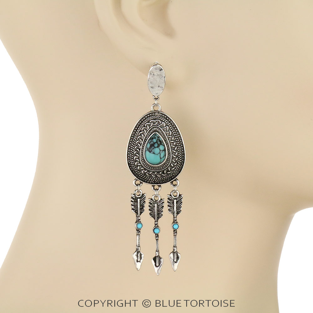 Western Concho Stone with Arrow Drop Stud Earrings - Image 2
