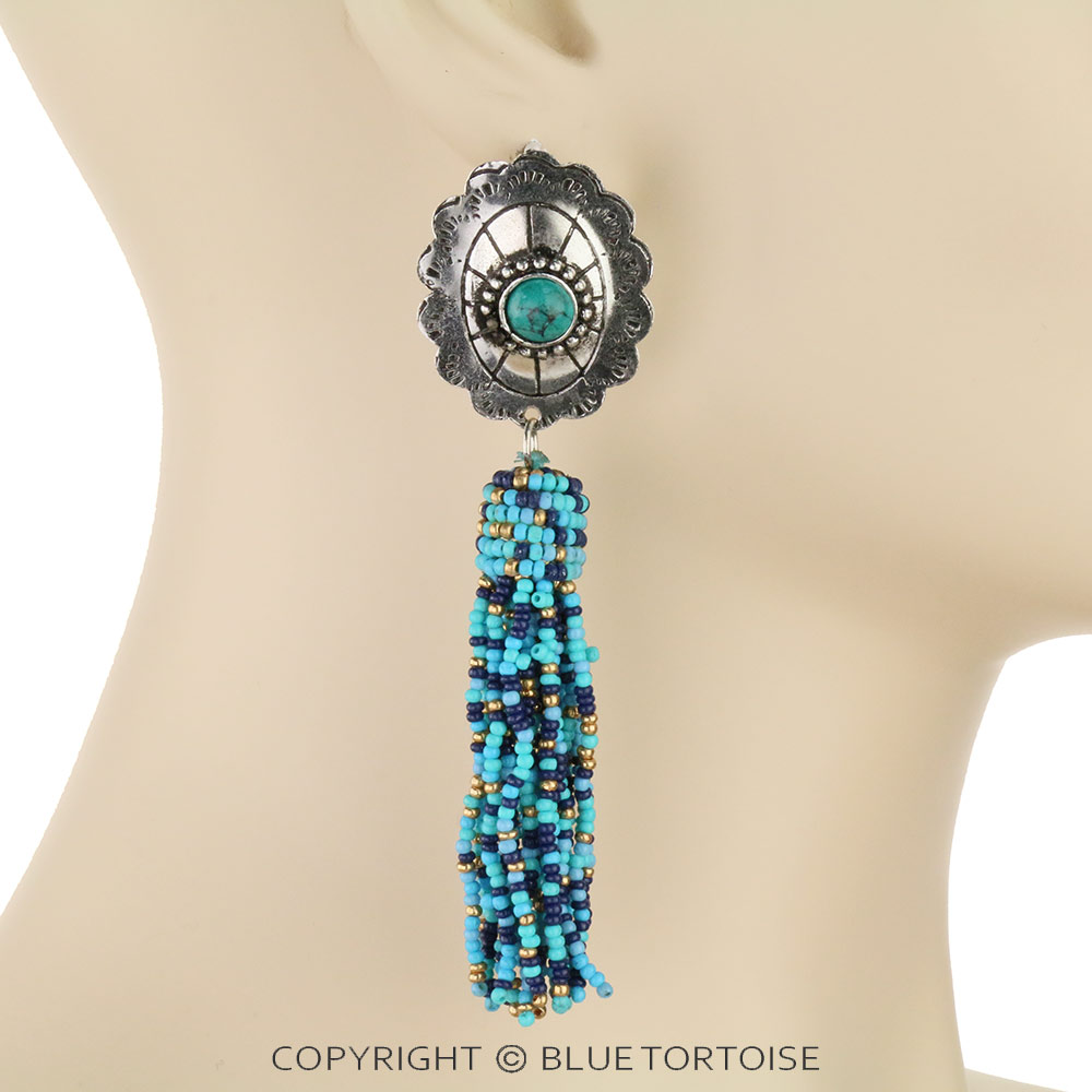 Western Concho Stone with Seed Bead Tassel Stud Earrings - Image 2