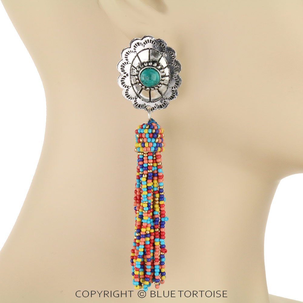 Western Concho Stone with Seed Bead Tassel Stud Earrings - Image 2