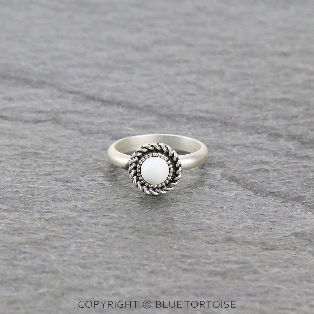0.4" Long, Tiny Natural White Stone Adjustable Ring, Bonze Single Band
