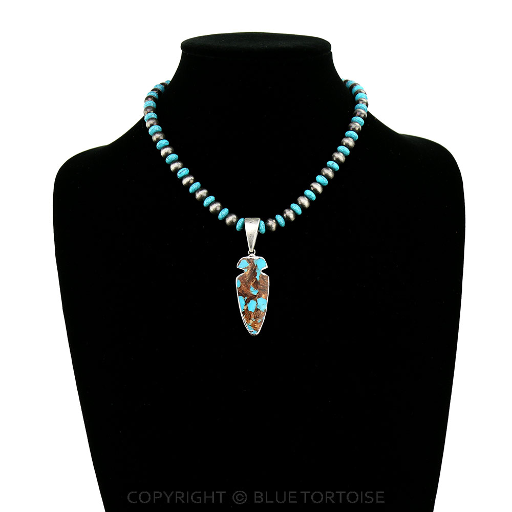 15" Long, 8mm Navajo Style Pearl & Bead Necklace, Bezel Setting Arrowhead Natural Gemstone Pendant - Image 2