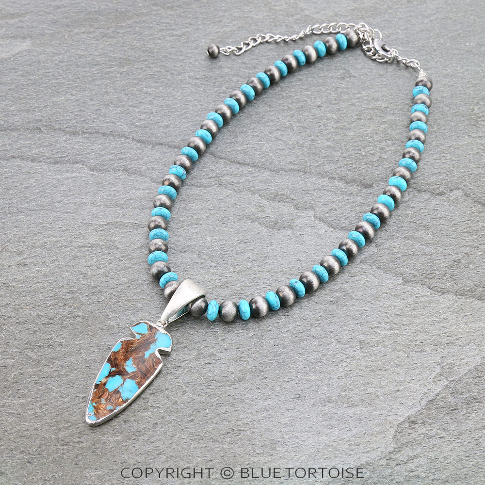 15" Long, 8mm Navajo Style Pearl & Bead Necklace, Bezel Setting Arrowhead Natural Gemstone Pendant