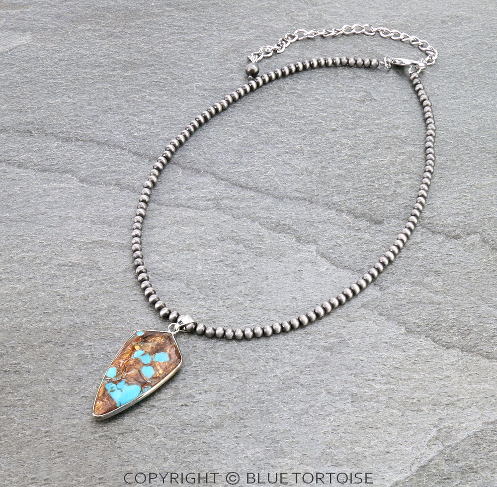 15" Long, Tiny 4mm Navajo Style Pearl Necklace, Bezel Setting Arrowhead Natural Gemstones
