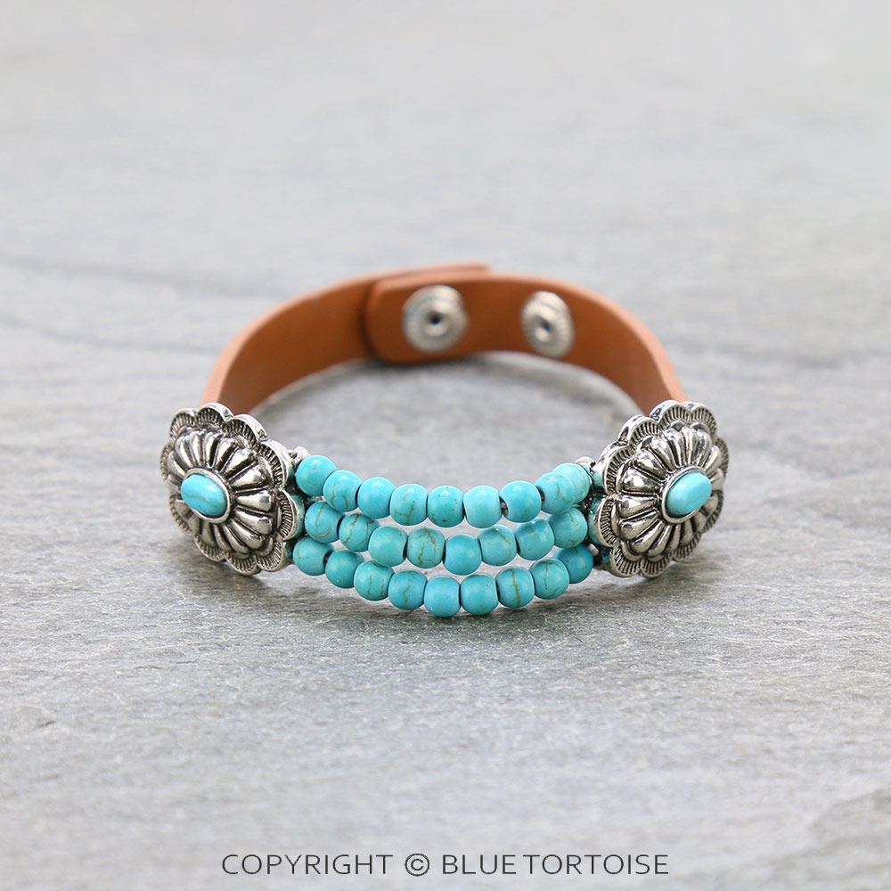 Western Concho with Bead Leather Snap Button Bracelet