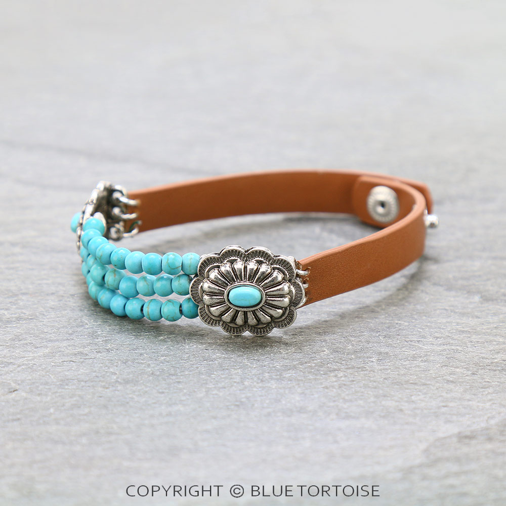 Western Concho with Bead Leather Snap Button Bracelet - Image 3
