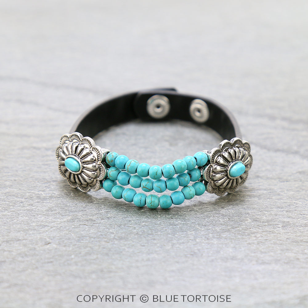 Western Concho with Bead Leather Snap Button Bracelet