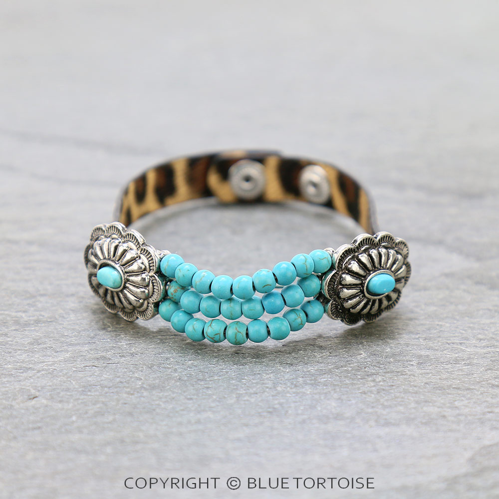 Western Concho with Bead Leather Snap Button Bracelet