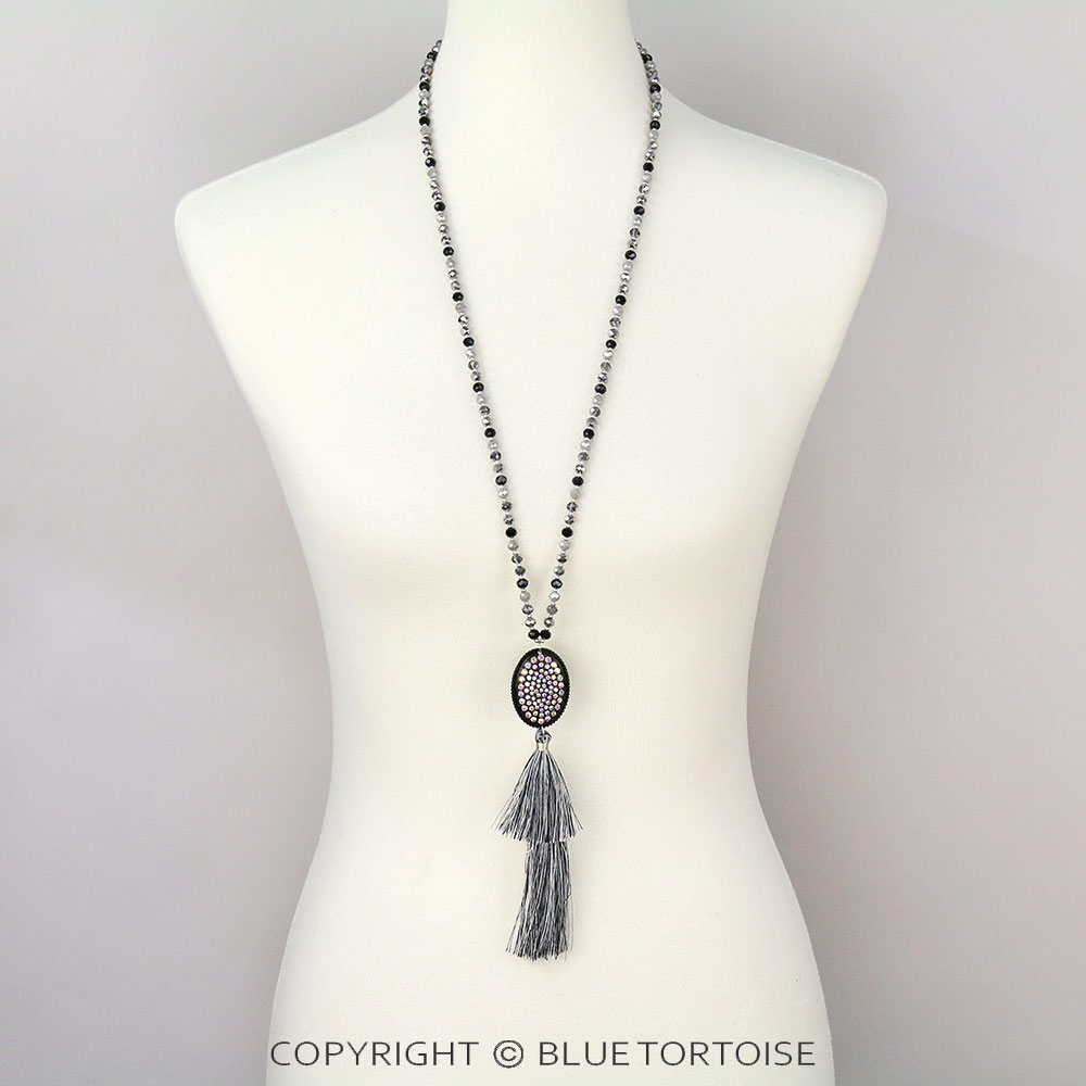 Glass Bead with Stone Tassel Necklace - Image 2
