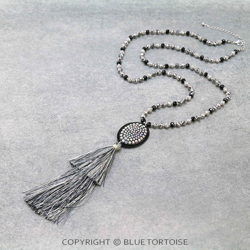 Glass Bead with Stone Tassel Necklace