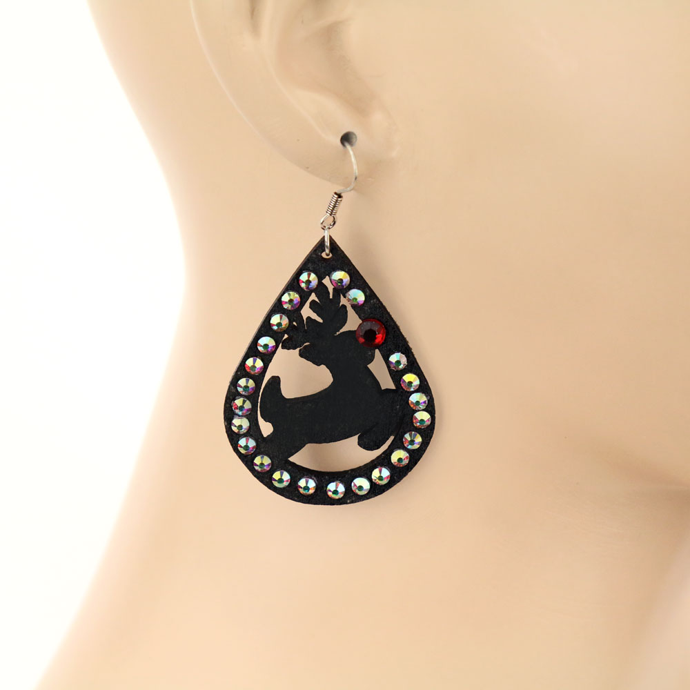 Christmas Rudolf Reindeer Wood Teardrop Dangle Earrings - Image 2