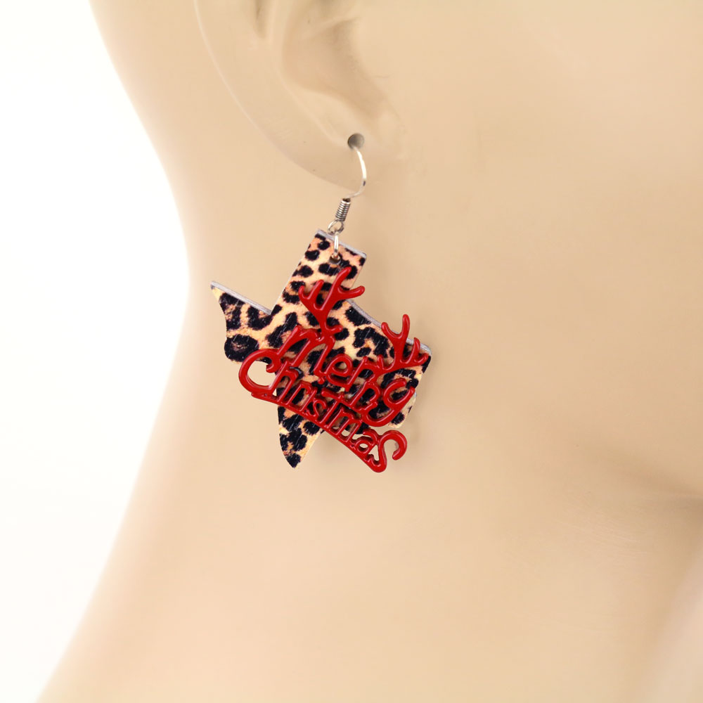 Christmas Texas Map Wood Dangle Earrings - Image 2